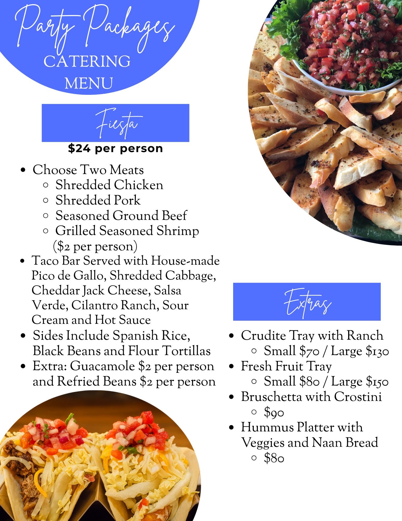Catering menu for party packages including Fiesta and Extras options with food descriptions and prices.