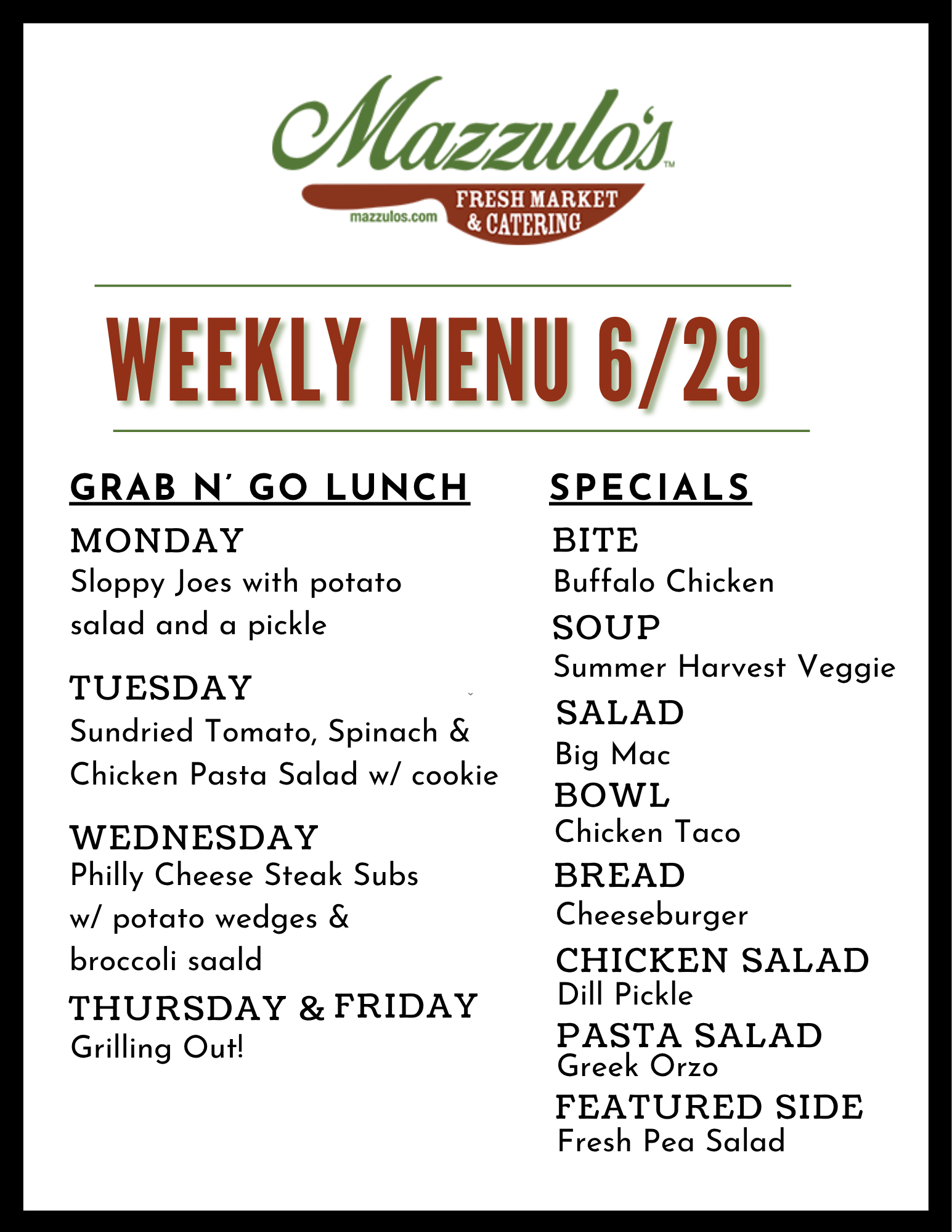 Mazzulo’s weekly menu flyer for 6/8 with lunch specials listed by day and category
