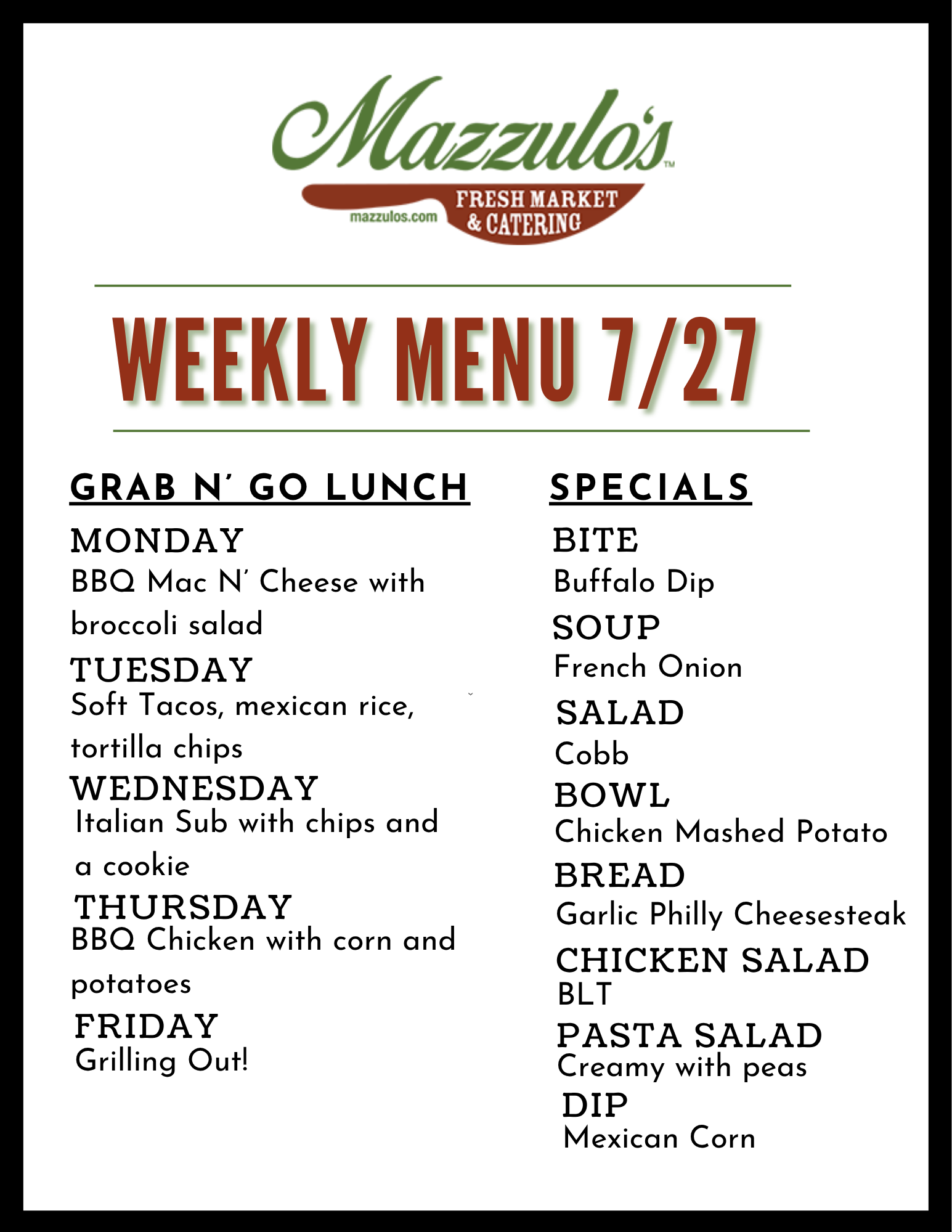 Mazzulo’s weekly menu flyer for  the week of 7/6 with lunch specials listed by day and category