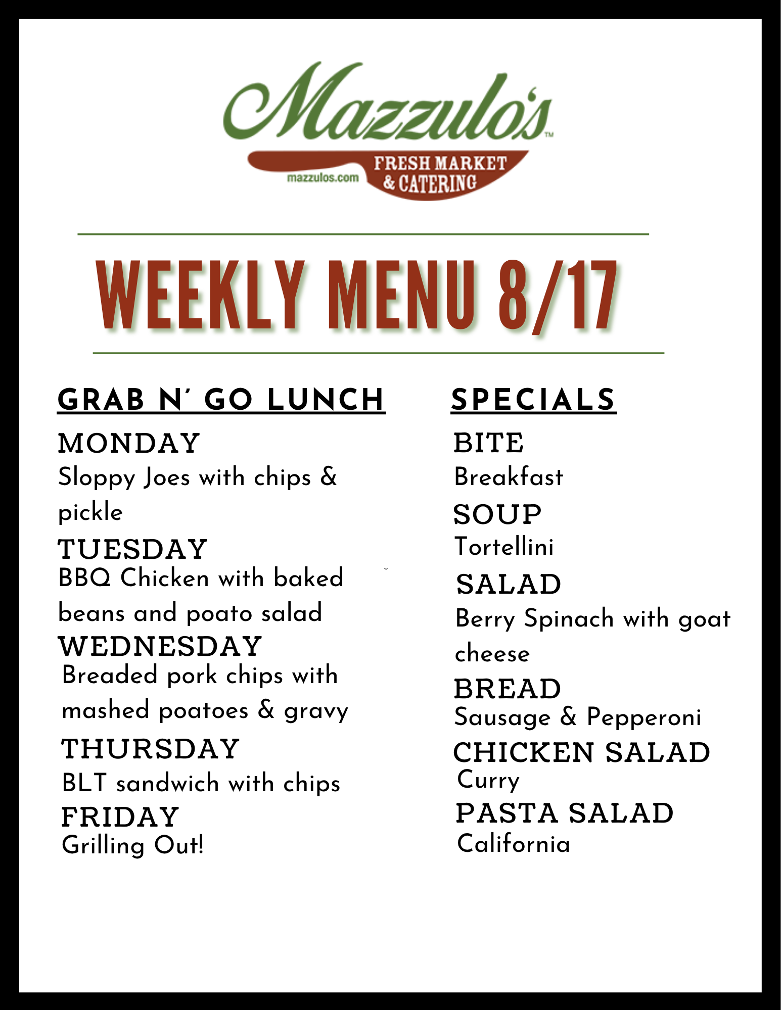 Weekly menu flyer for Mazzola’s with grab-and-go lunch specials and daily meal items for 8/3.