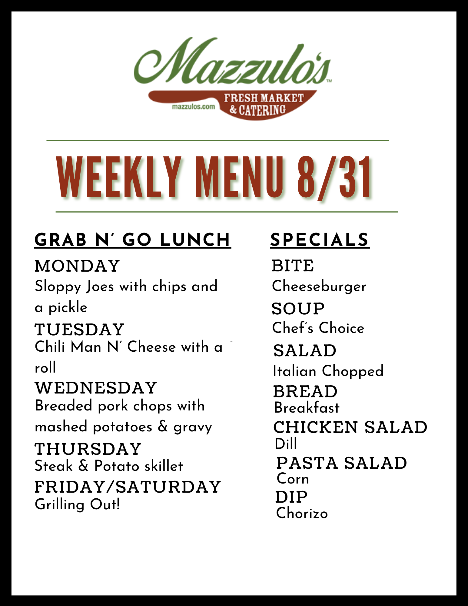 Weekly menu flyer for Mazzola’s with grab-and-go lunch specials and daily meal items for 8/3.