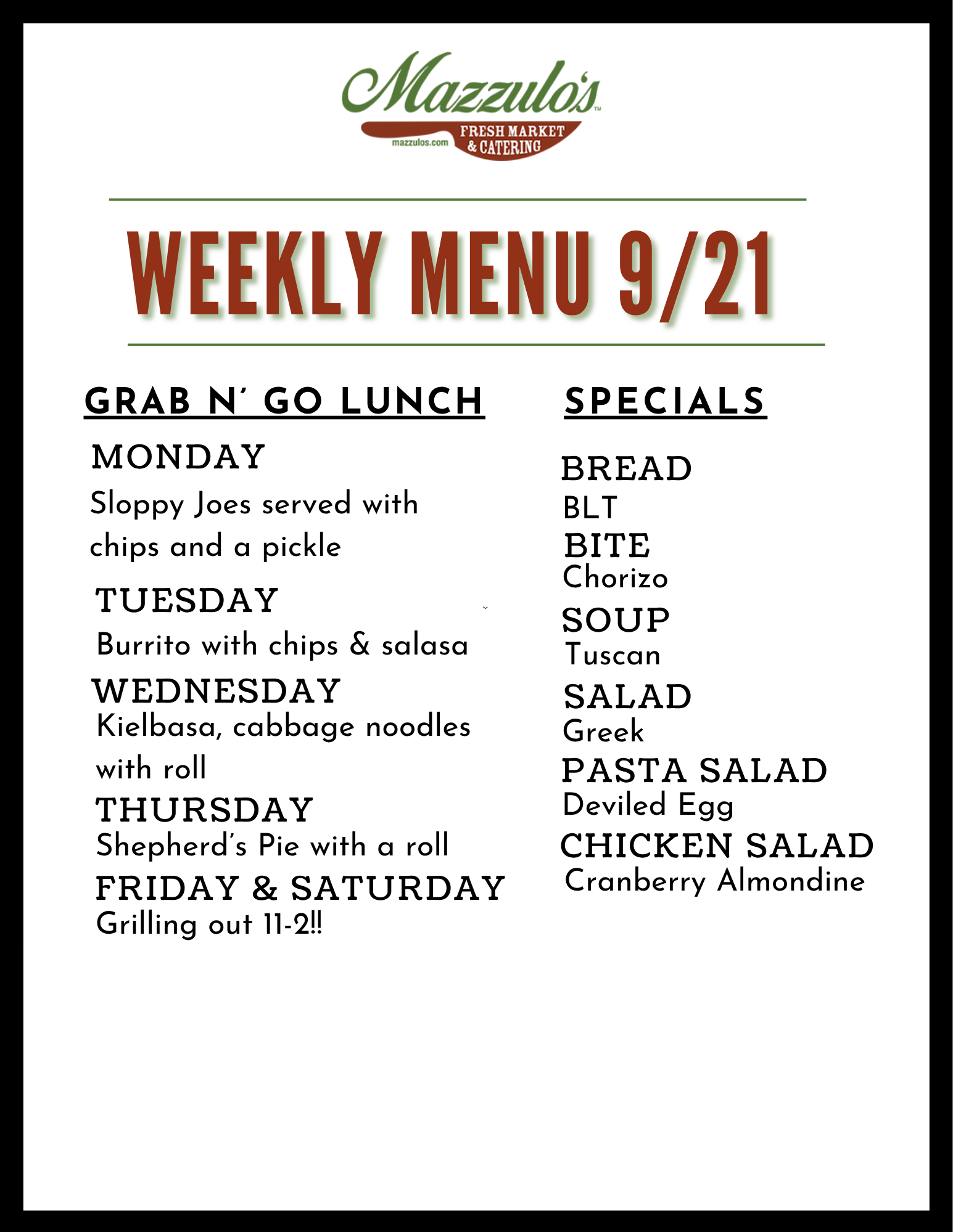 Weekly menu flyer for Mazzola’s with grab-and-go lunch specials and daily meal items for 8/3.