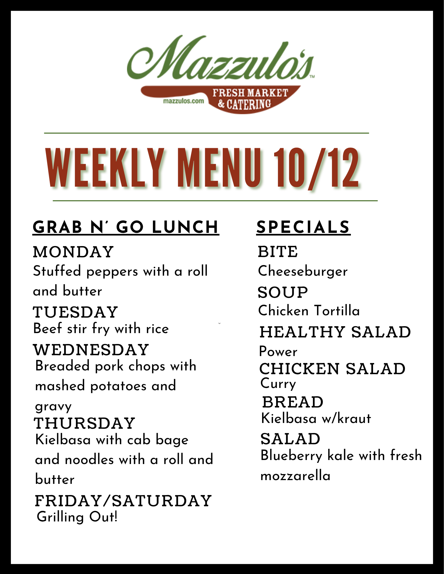 Weekly menu flyer for Mazzola’s with grab-and-go lunch specials and daily meal items for 8/3.