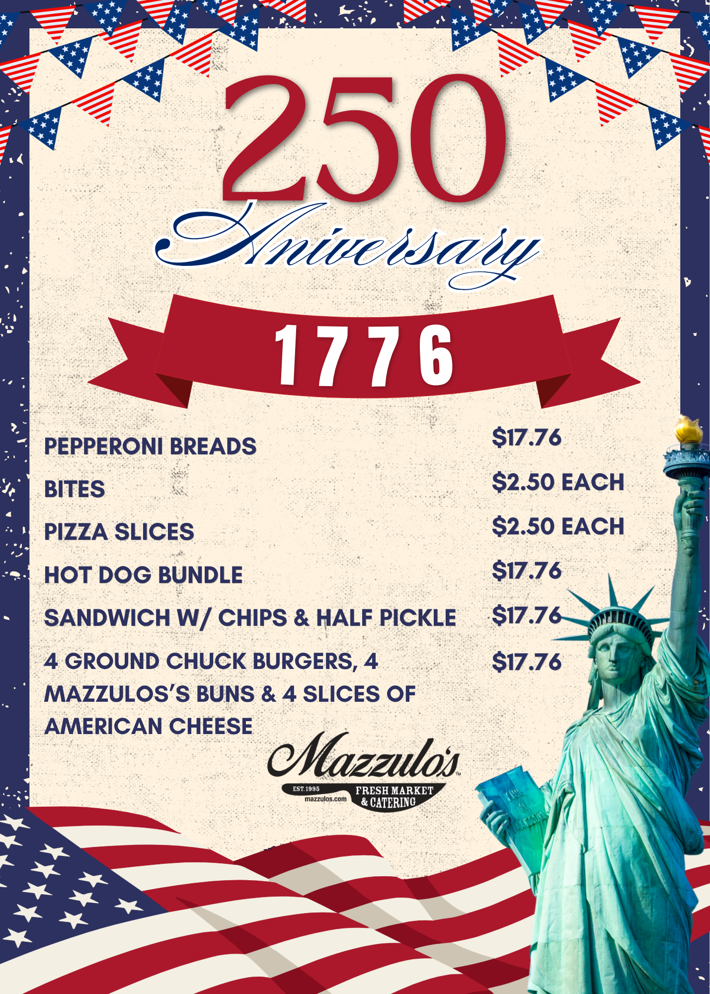 250th Anniversary 1776 patriotic menu poster with red, white, and blue stars and flags, featuring food specials and prices