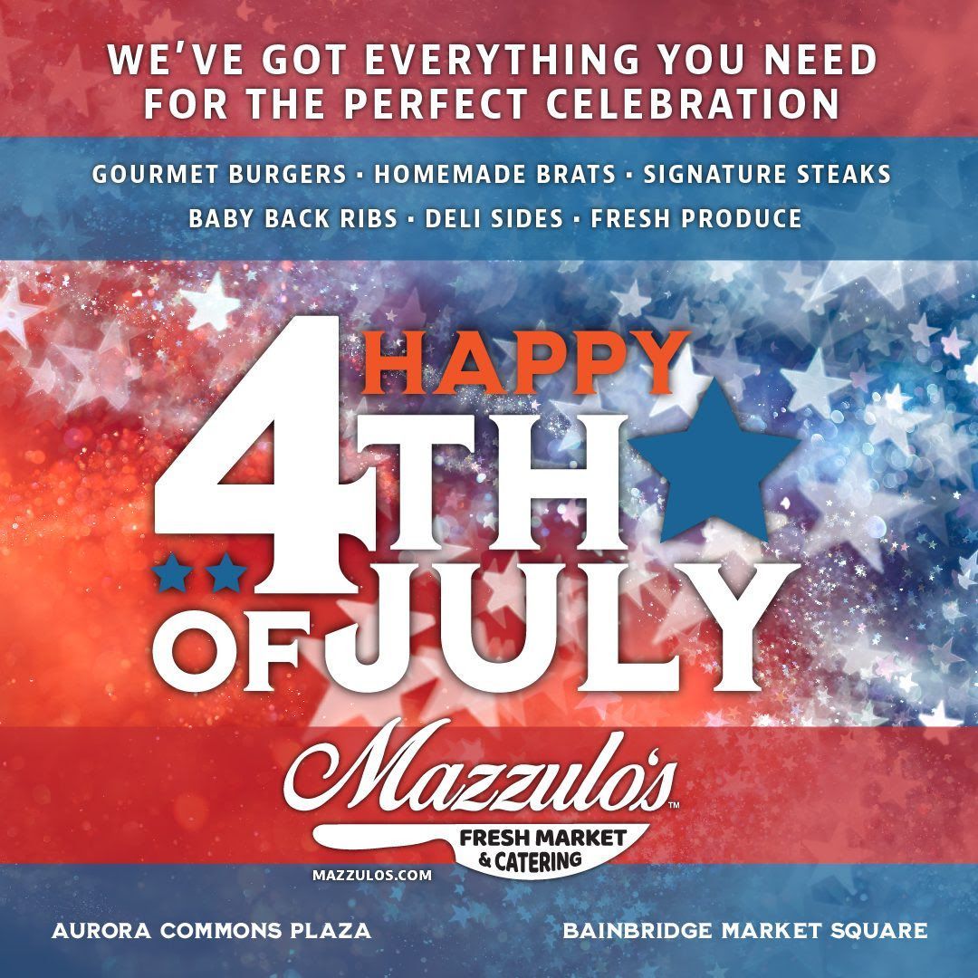 Red, white, and blue 4th of July Mazzulo's Fresh Market ad with star pattern and celebration text