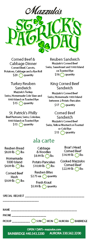 A menu for st. patrick 's day at a restaurant