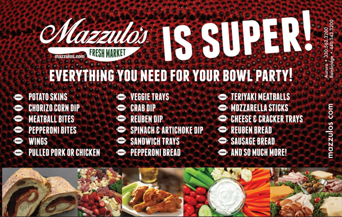 Mazzulo's Fresh Market advertisement with a football background, listing party foods such as dips, sandwiches, and meatball bites.