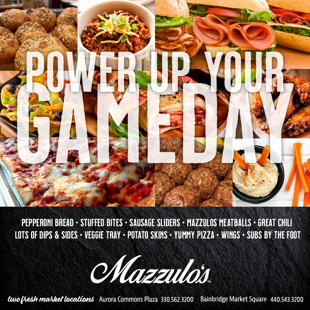 Mazzulo's food ad: pizza, meatballs, chili, wings, sandwiches. Text: 