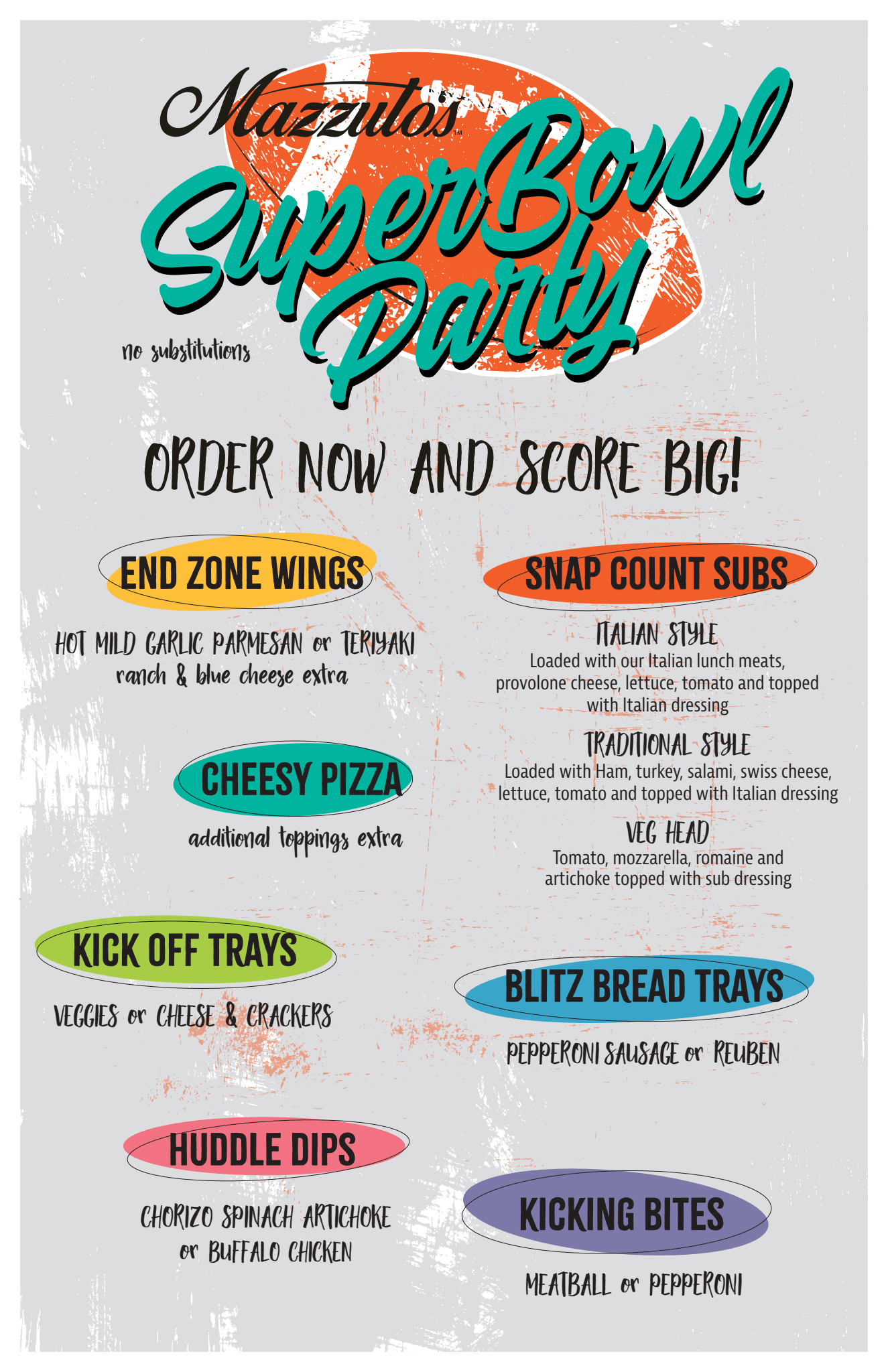 Super Bowl party menu with food specials like wings, subs, pizza, trays, and dips.