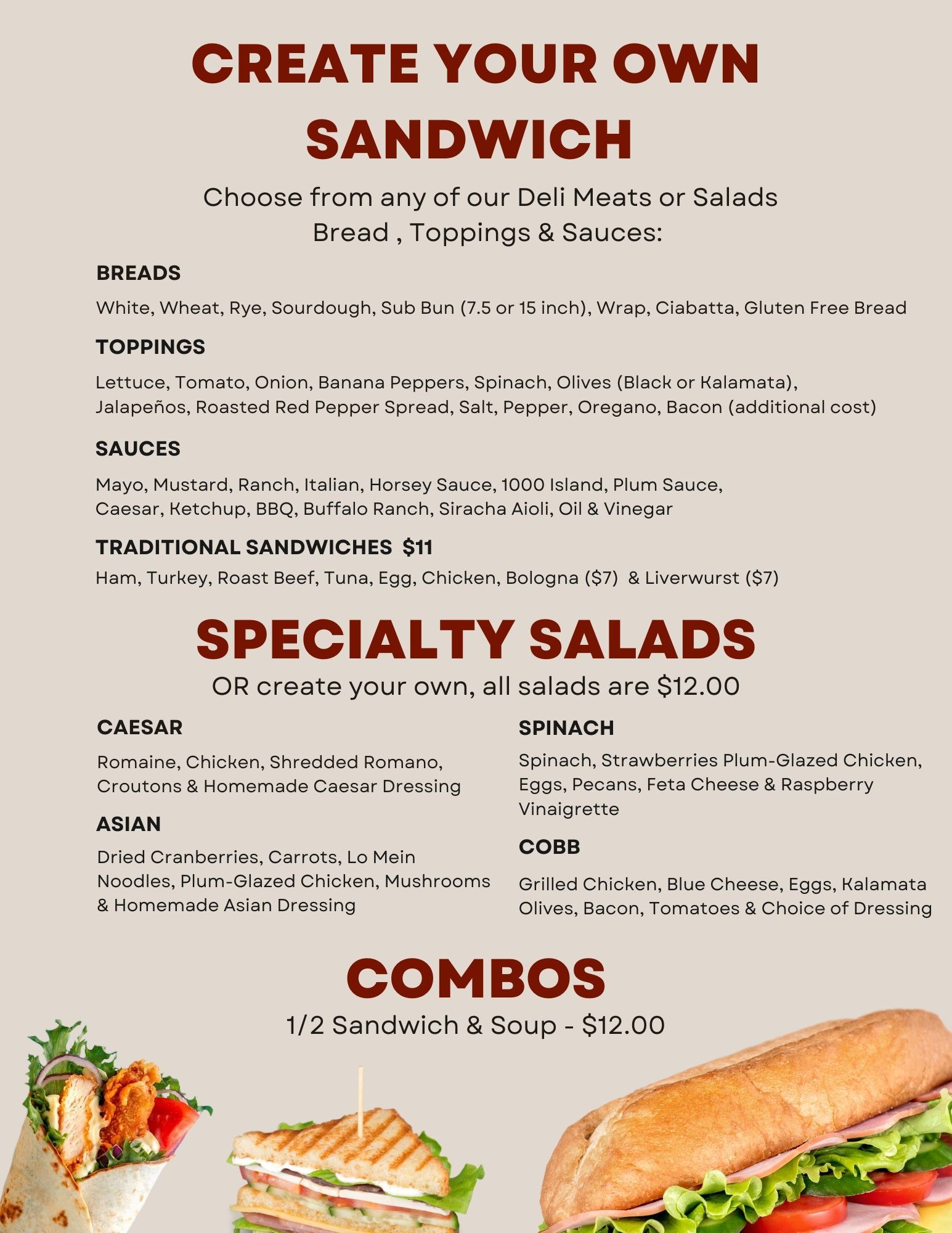 A menu that says create your own sandwich specialty salads and combos