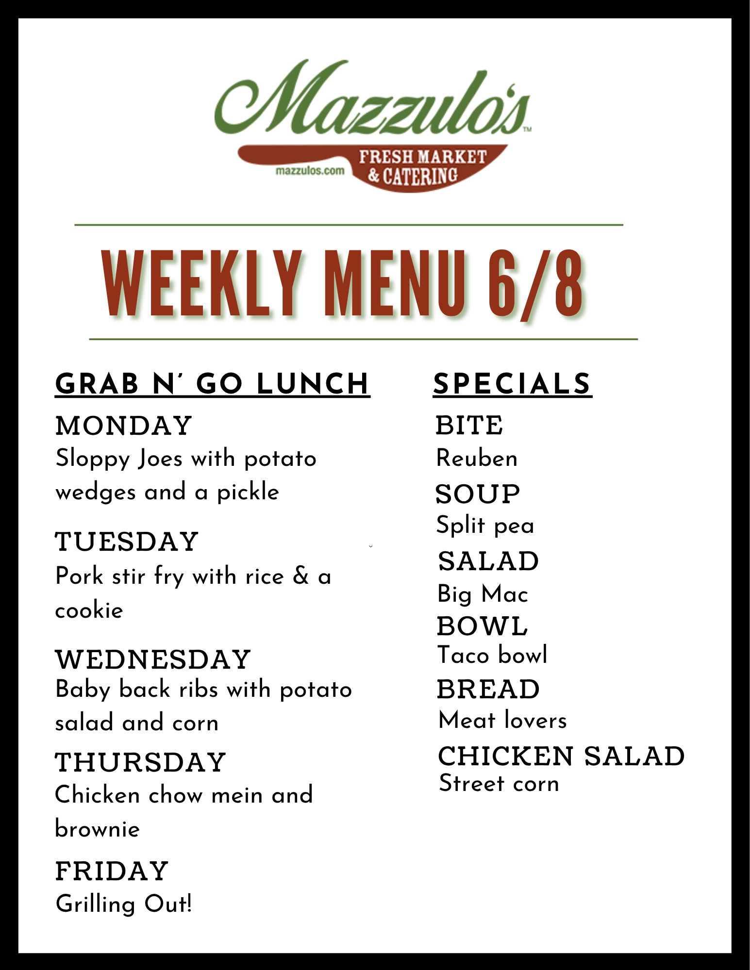 Mazzulo’s weekly menu flyer for 6/8 with lunch specials listed by day and category