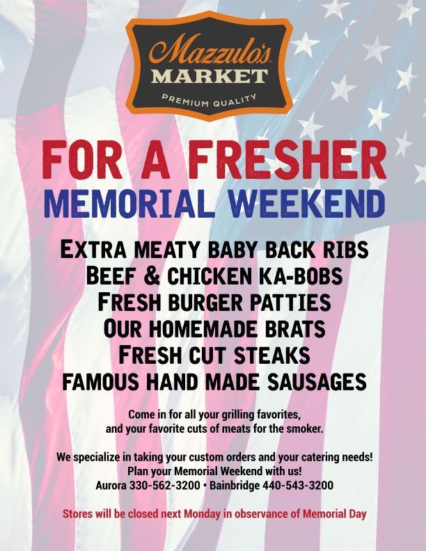 Mazzullo’s Market Memorial Day flyer with red, white and blue stars, featuring meat and burger specials.