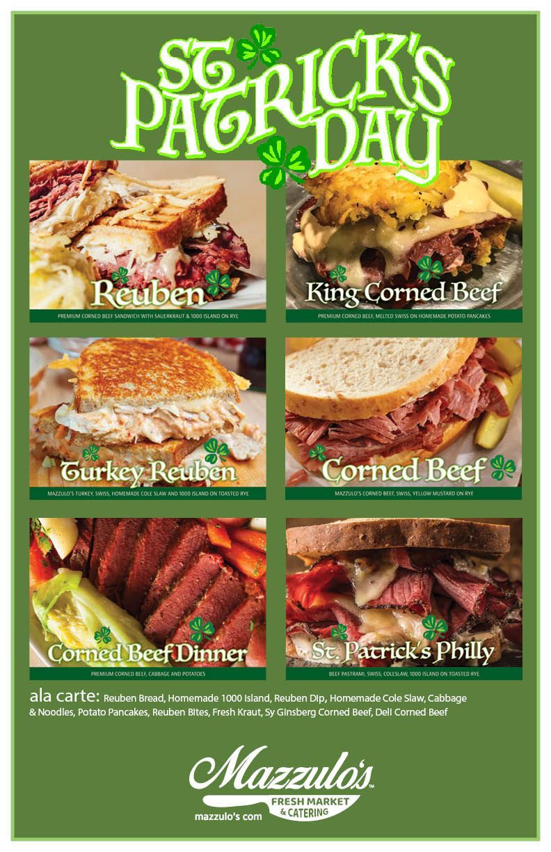 Mazzula's St. Patrick's Day menu: Reuben, Kirk's Corned Beef, Turkey Reuben, Corned Beef, Corned Beef Dinner, and Pastrami Wrap.