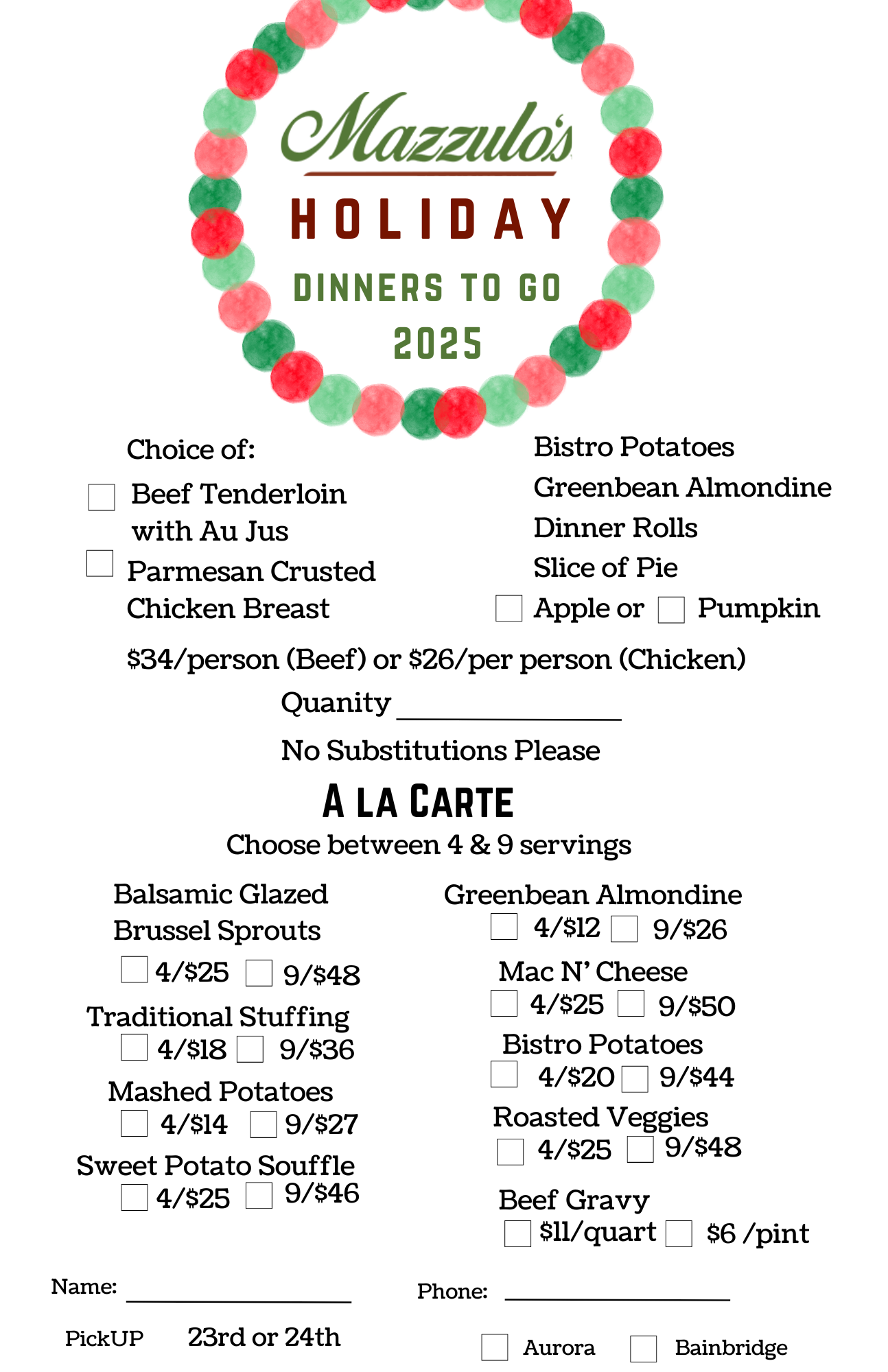 Mazzulo's holiday dinner menu for 2025, with options for entrees, sides, and a la carte dishes.
