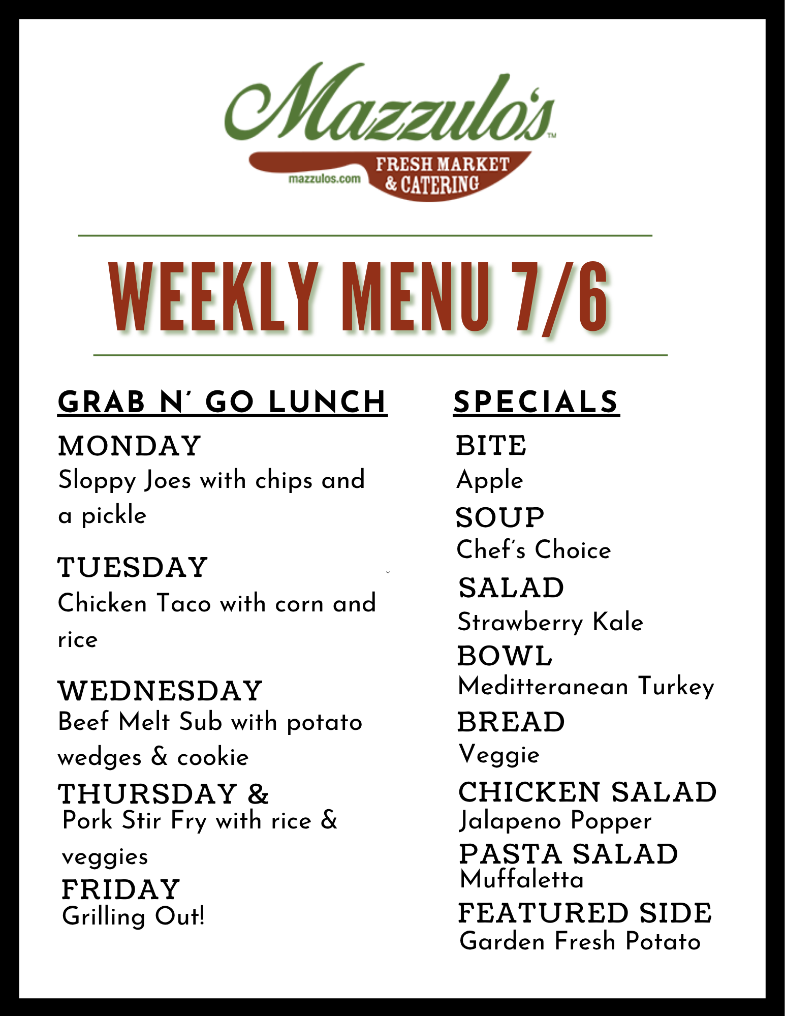 Mazzulo’s weekly menu flyer for  the week of 7/6 with lunch specials listed by day and category
