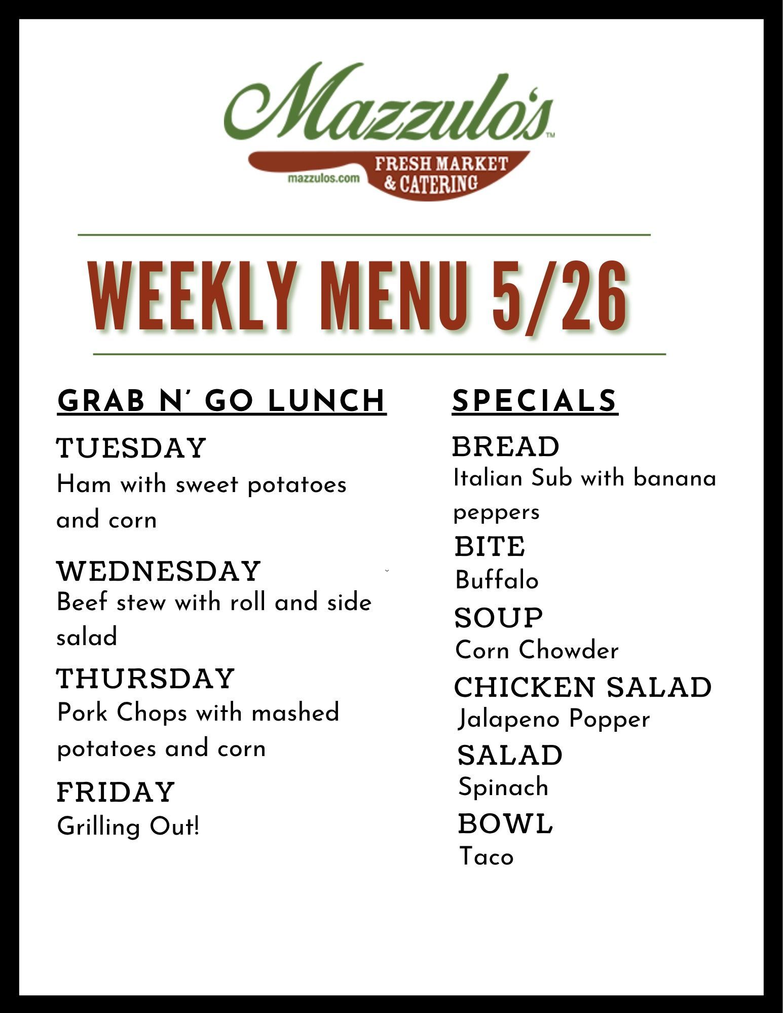 Mazzulo’s weekly menu 5/26 with lunch specials listed on a white flyer.