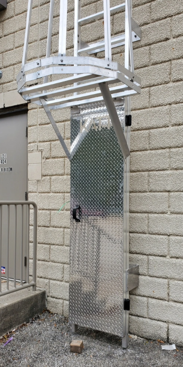 A metal ladder with a safety cage mounted to a light-colored brick exterior wall next to a door.