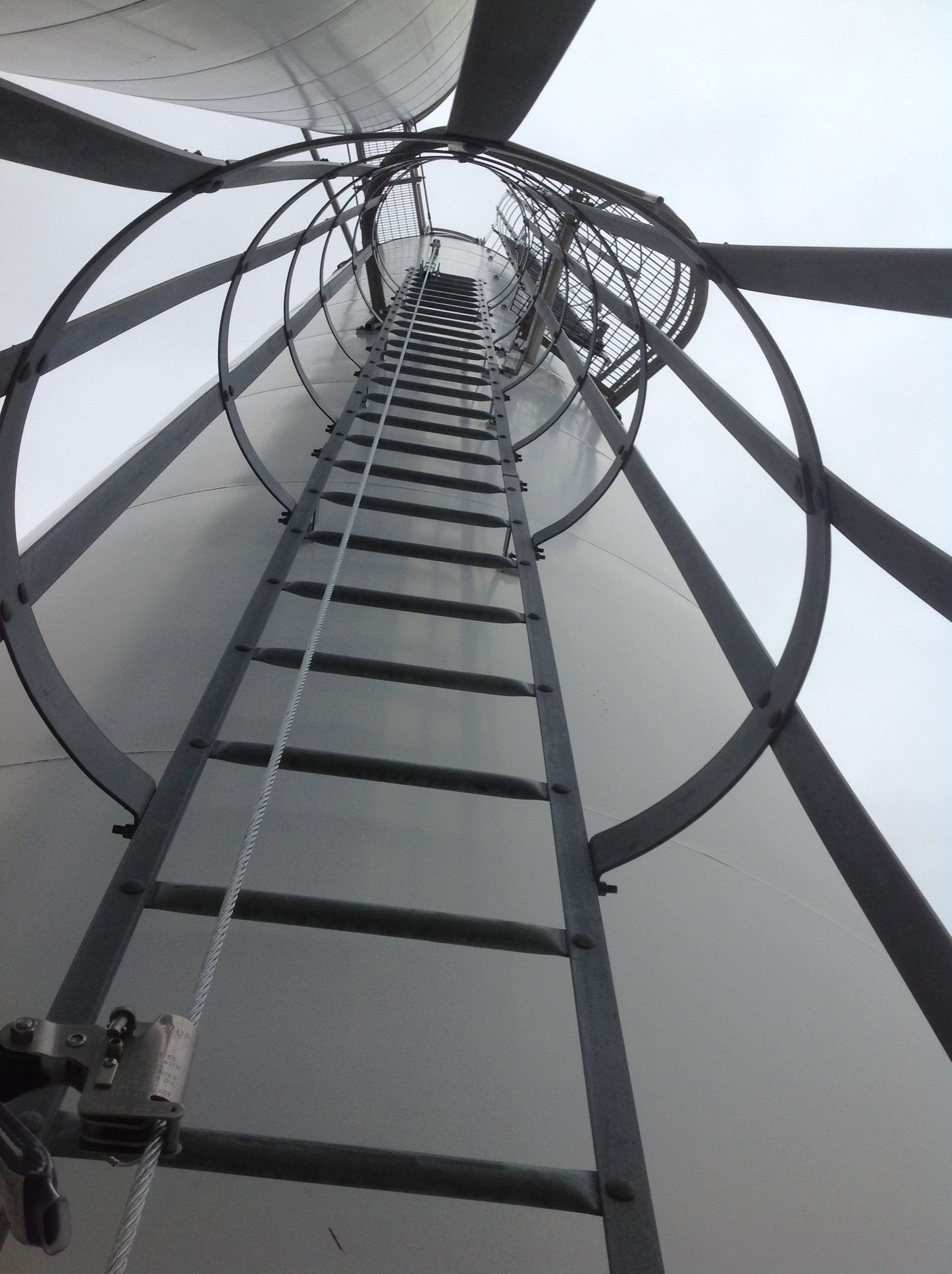 A low-angle view looking straight up a fixed industrial ladder enclosed within a circular safety cage against a gray sky.