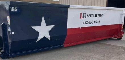 Dumpster painted with the Texas flag design, LK Specialties logo.