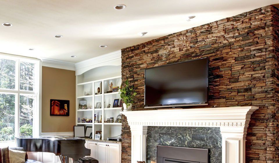 living room wall stone work, TV