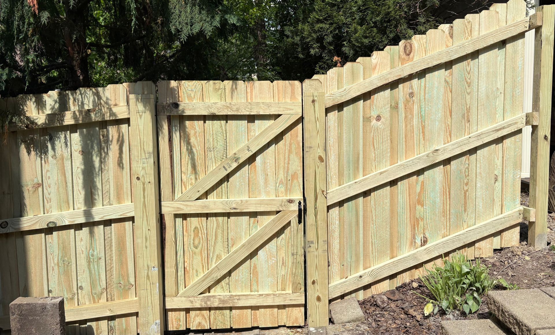 Weathered wooden backyard fence with a gate and diagonal braces beside shrubbery