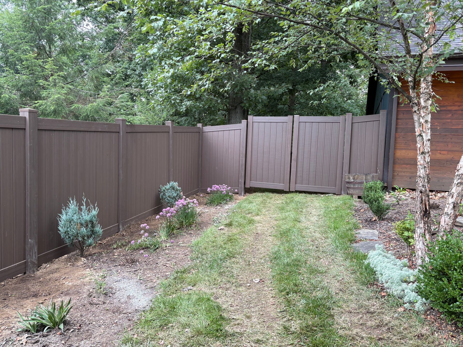 Backyard garden with brown fence, gate, trees, and small shrubs along a grassy path