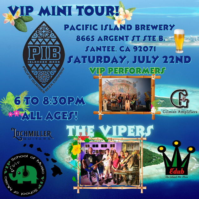 An advertisement for a vip mini tour at the pacific island brewery