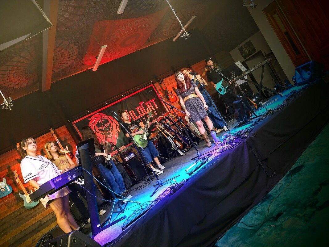 A group of people are standing on a stage playing instruments.