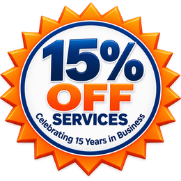 15% off services badge with the text Celebrating 15 Years in Business