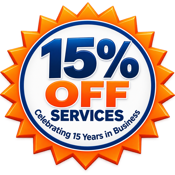 Orange and blue 15% off services badge with “Celebrating 15 Years in Business” text