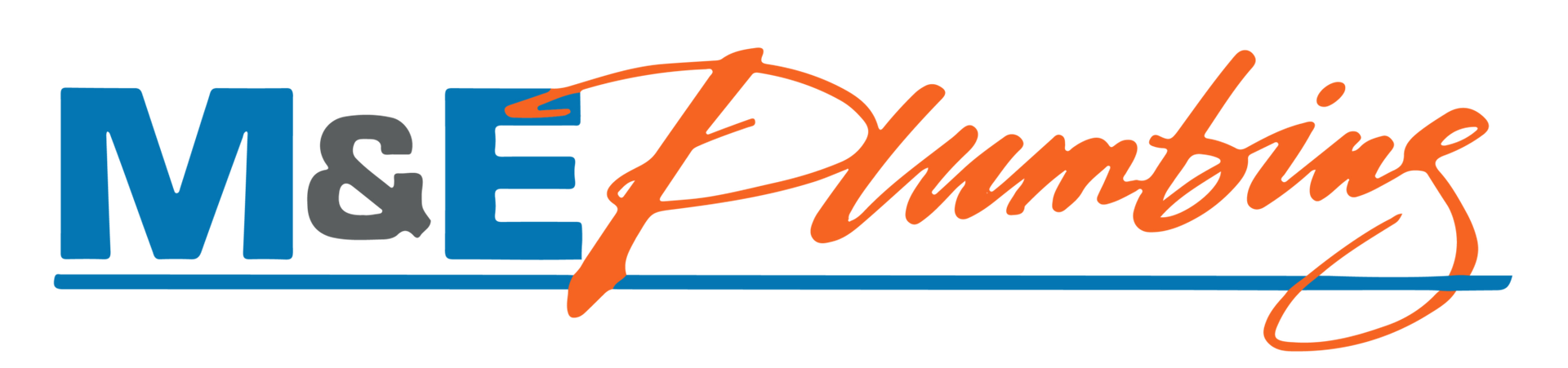 M & E Plumbing Service Inc logo in blue and orange text