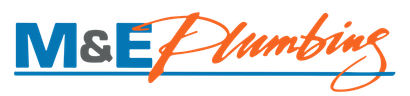 M & E Plumbing Service Inc logo in blue and orange text