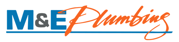 M & E Plumbing Service Inc logo in blue and orange text