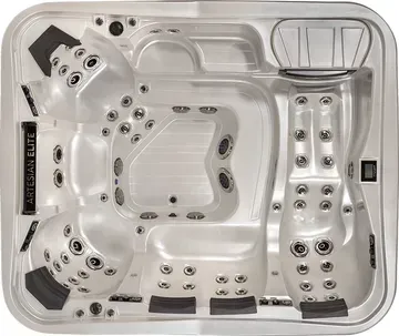 White multi-seat hot tub with built-in jets and seating, viewed from above