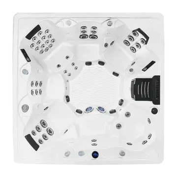 Top-down view of a white square hot tub with multiple jet seats and black headrests