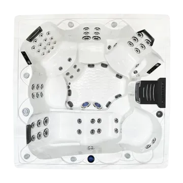 Top-down view of a white luxury hot tub with multiple seats and built-in jets