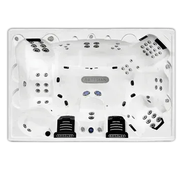 White rectangular spa tub with multiple jets, black headrests, and built-in controls on a white background