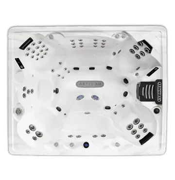 White hot tub spa viewed from above with multiple black jets and headrests