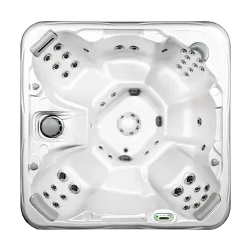 Top-down view of a white square hot tub with multiple jets and a central drain