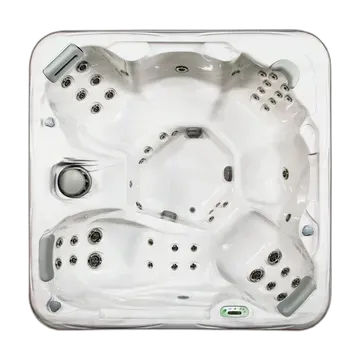 Top-down view of a white square hot tub with multiple jets and built-in seats