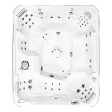 Top-down view of a white square hot tub with multiple jets and seating areas