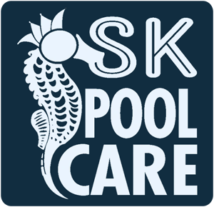 SK Pool Care logo with a koi fish and stylized sun on a dark blue background