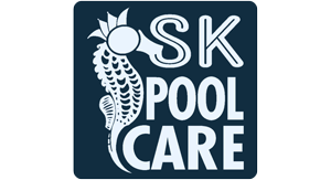 SK Pool Care logo with a white seahorse and sun on a dark blue square