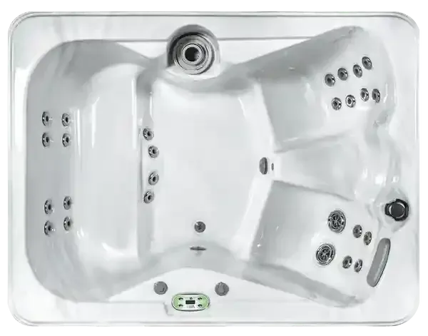 Top-down view of a white corner hot tub with multiple jets and built-in seats
