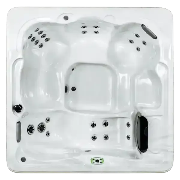 White square hot tub with multiple jets and black cup holders, viewed from above