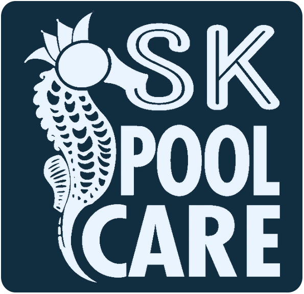 SK Pool Care logo with a stylized white fish and sun on a dark blue background