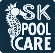 SK Pool Care logo with a stylized white fish and sun on a dark blue background
