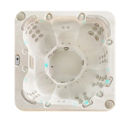 White square hot tub with multiple jets and a central seating basin
