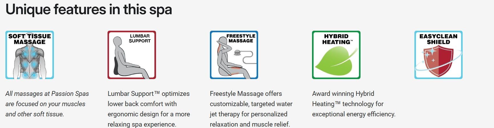 Spa services icons with short descriptions under the heading “Unique features in this spa”
