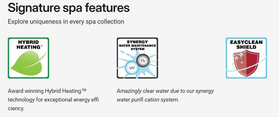 Signature spa features with three icons: heating, spa therapy, and baby-safe shield.